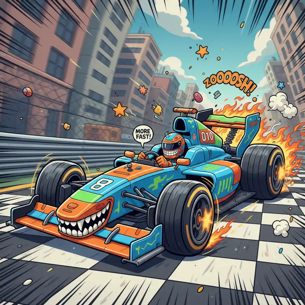 Cartoon formula race car with exaggerated speed and motion