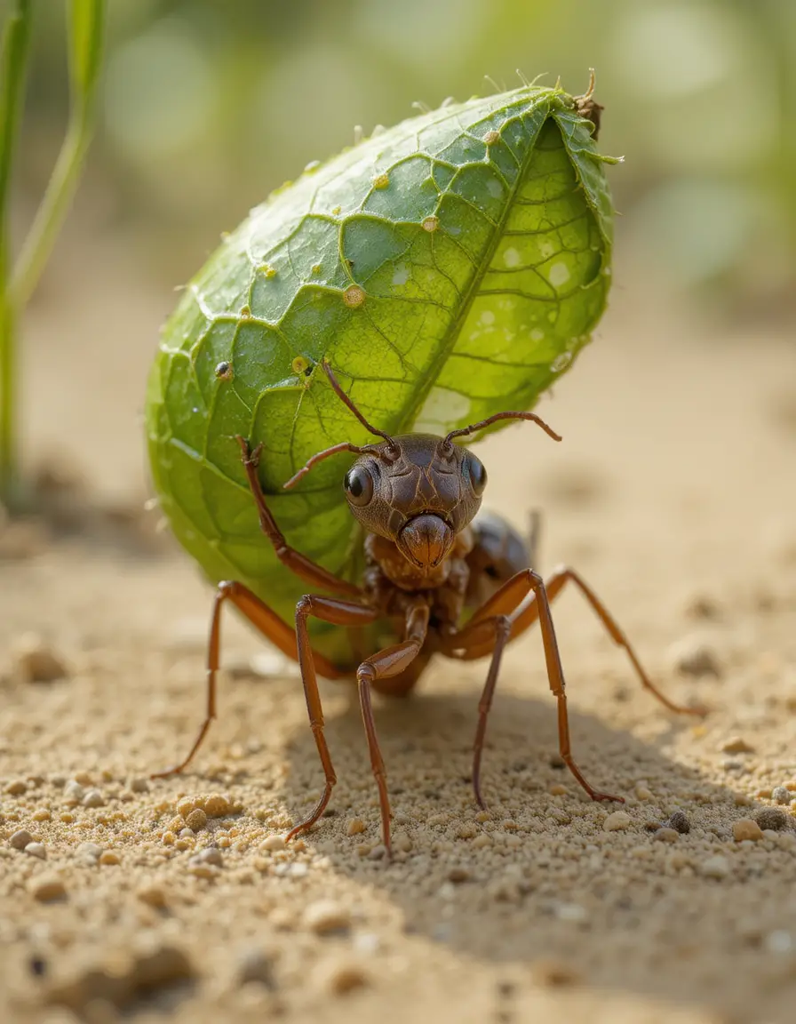 Ameise hebt ein riesiges Blatt auf sandigem Boden in extremer Nahaufnahme