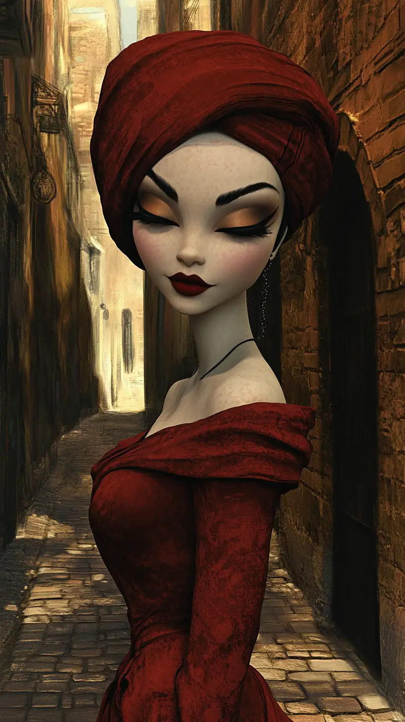 Surreal woman in red dress in a stone alleyway portrait