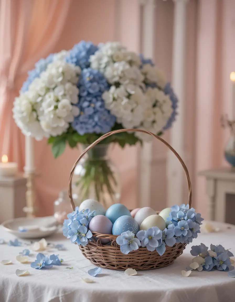 테이블 위 파란 수국과 물들인 달걀 바구니