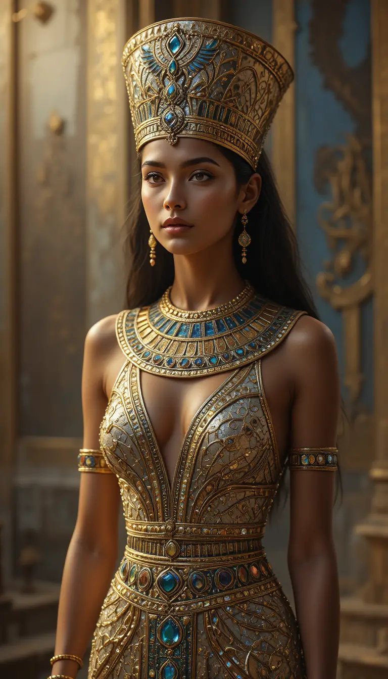 きらめく儀式用ドレスをまとう古代エジプトの女王