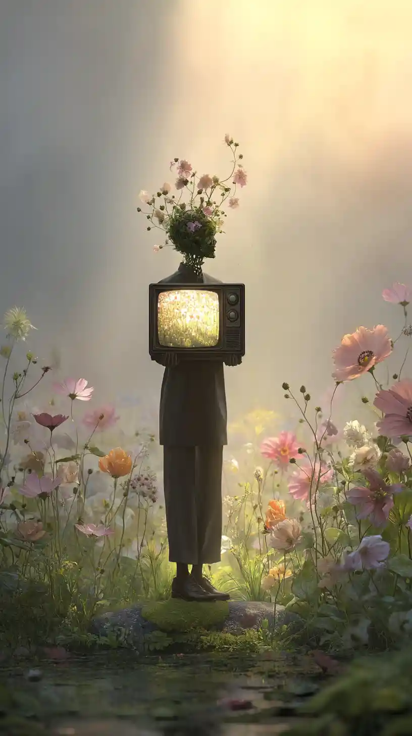 Androgynous figure with flowers at the edge of meadow