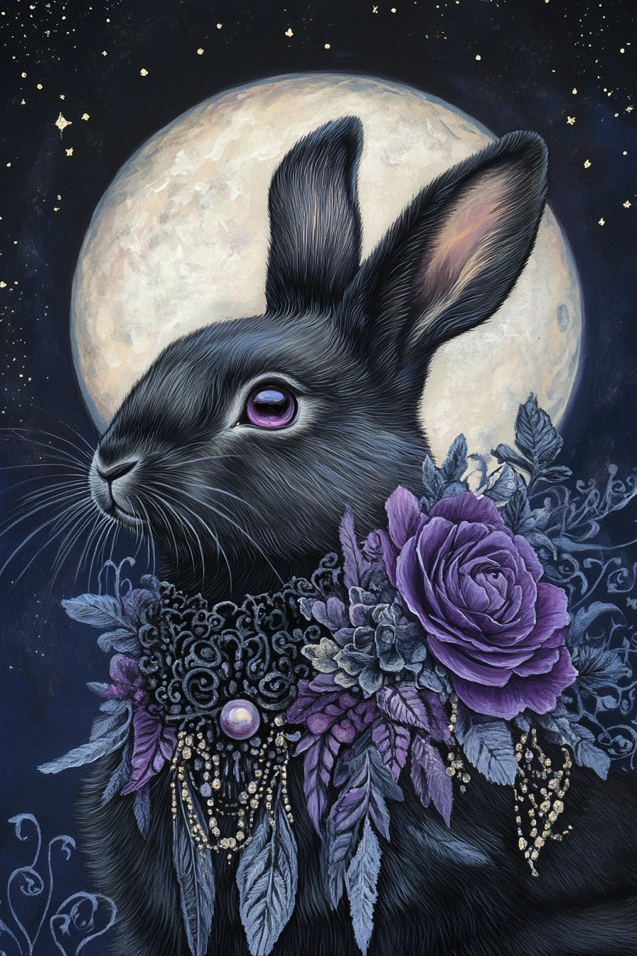 Black rabbit portrait under a luminous full moon