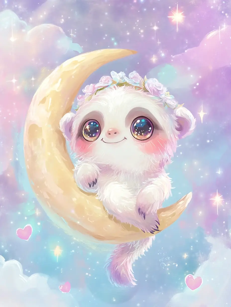 Chibi-Baby-Faultier, das einen Stern auf einer Mondsichel umarmt