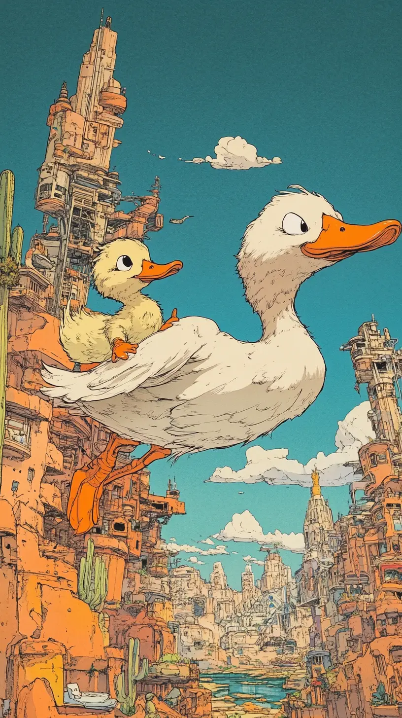 Ente und Entenküken, die in einem surrealen Wüstengarten springen