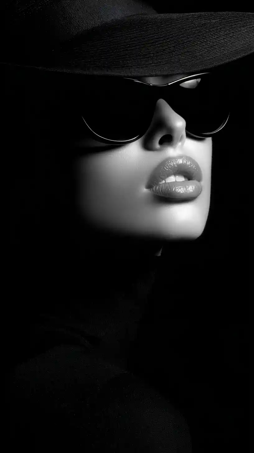 Black and white close up of woman in sunglasses and hat