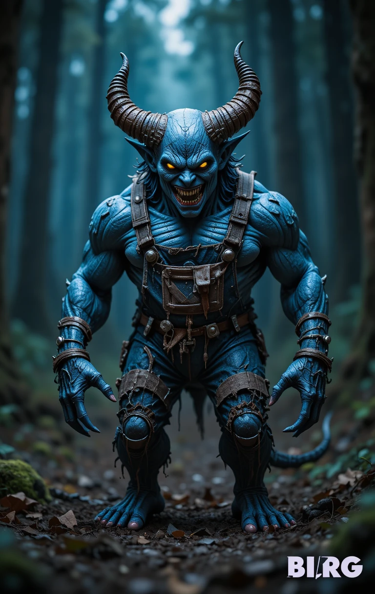 Demone blu con salopette strappata che si aggira in una foresta oscura