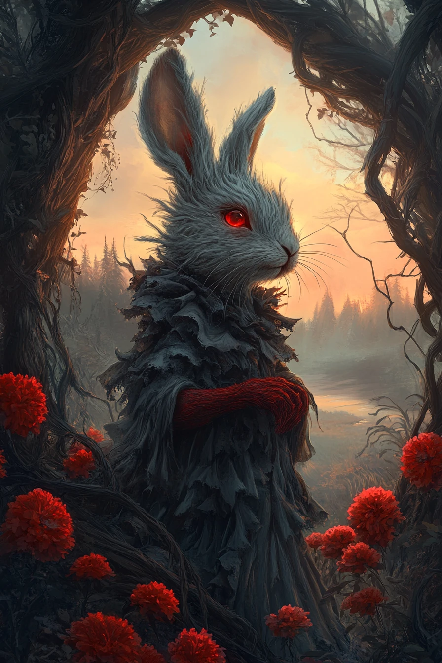 Anthropomorphic rabbit in a dark fantasy forest clearing