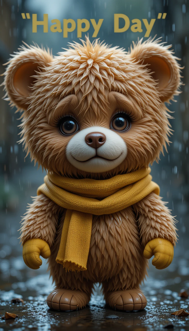 Nahaufnahme eines Chibi-Teddybären mit traurigen Augen im Regen