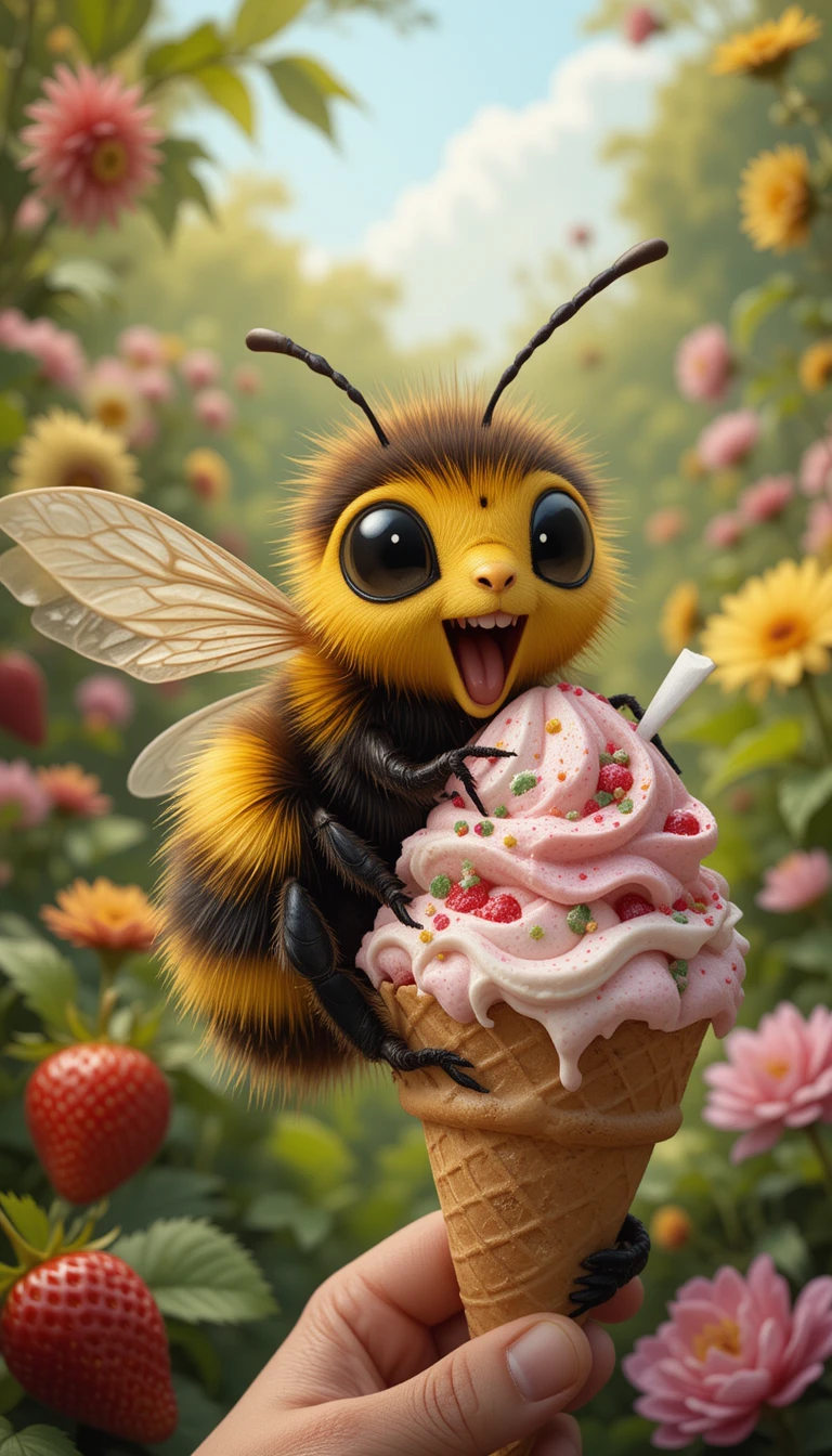Cheerful bee enjoying strawberry ice cream in a sunny garden