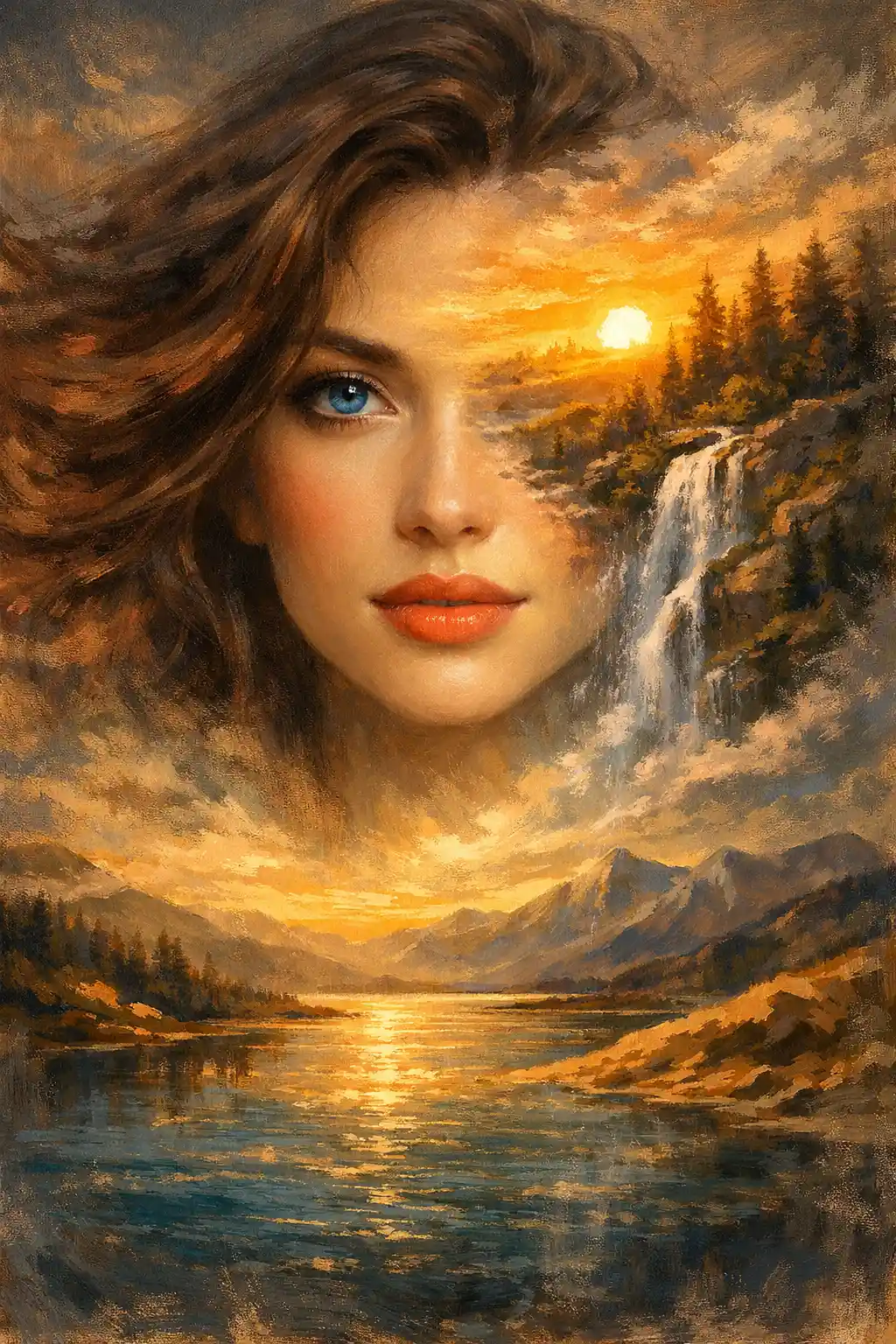 Ritratto surreale di una donna che si fonde con un paesaggio al tramonto