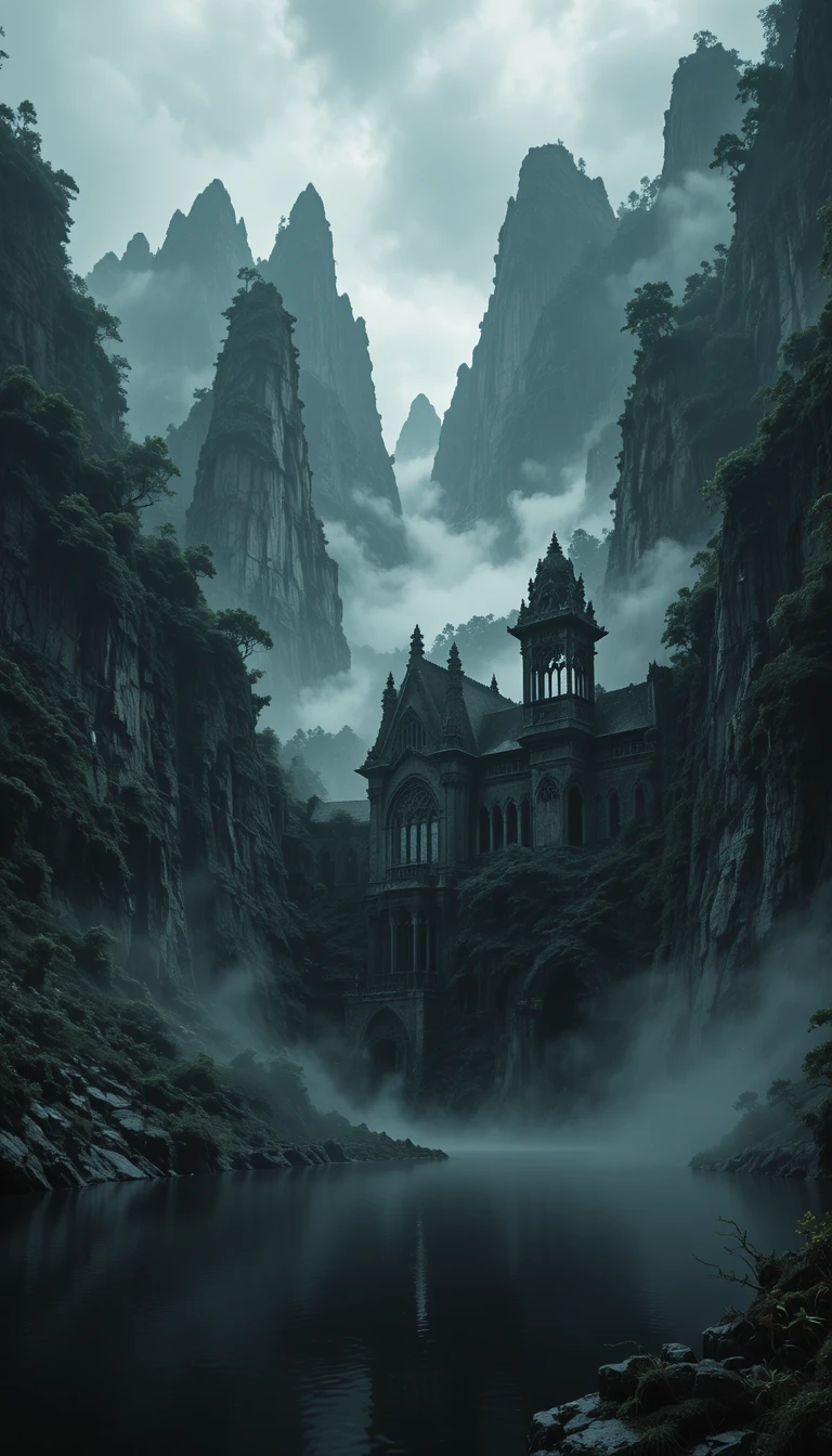 Dark Gothic Landscape With Ruins Lake And Misty Mountains