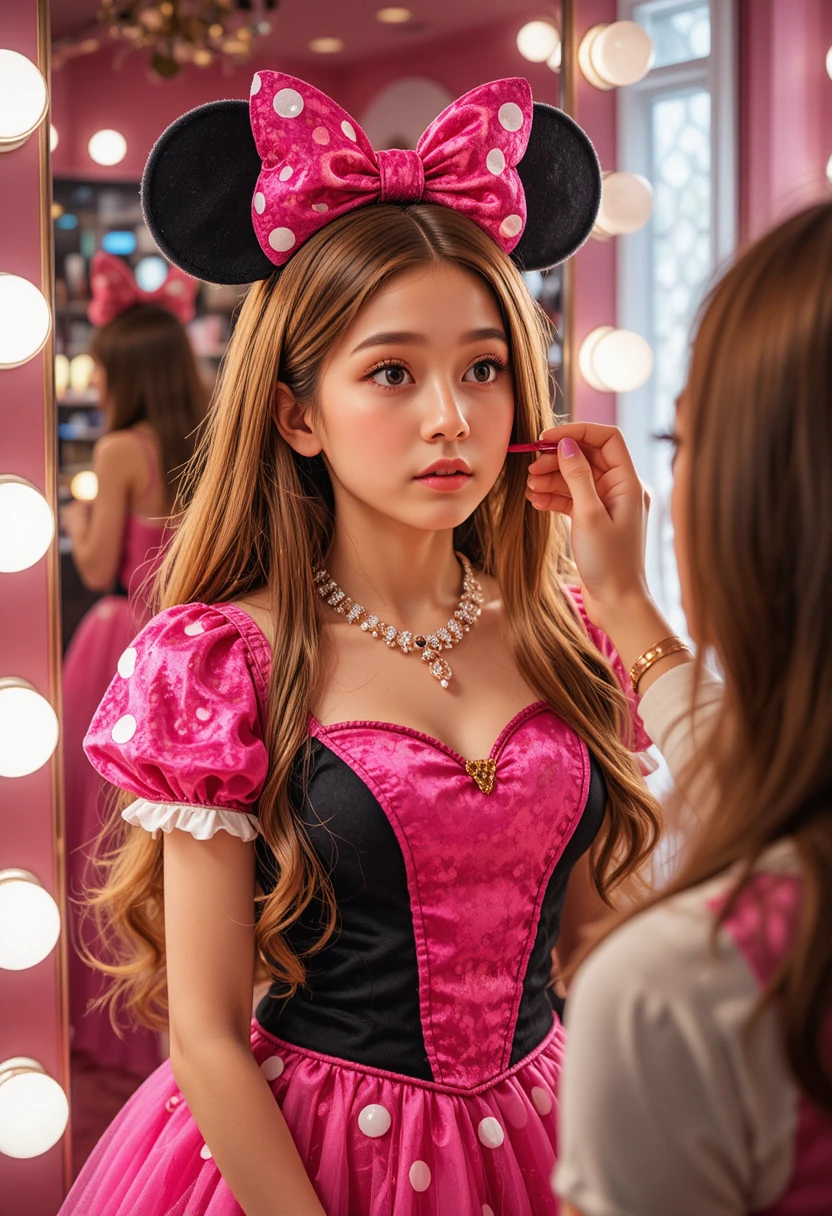 Menino com vestido da Minnie em provador de boutique