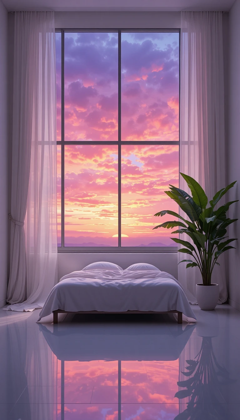 Camera da letto tranquilla con vista sul tramonto e pavimento riflettente