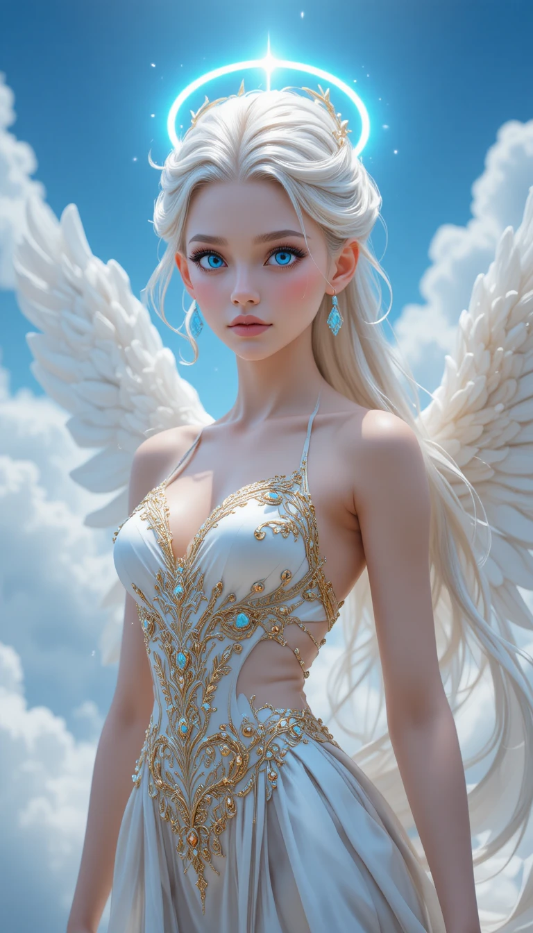 Angelic blue eyed woman in white and gold silk dress