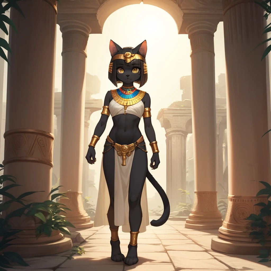Garota felina antrópica em estilo egípcio entre ruínas banhadas de sol
