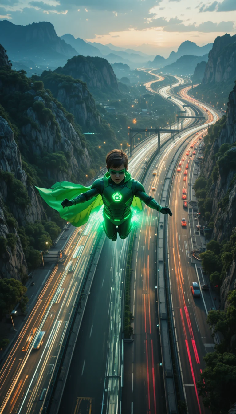 Criança super-herói flutuando sobre uma rodovia futurista brilhante