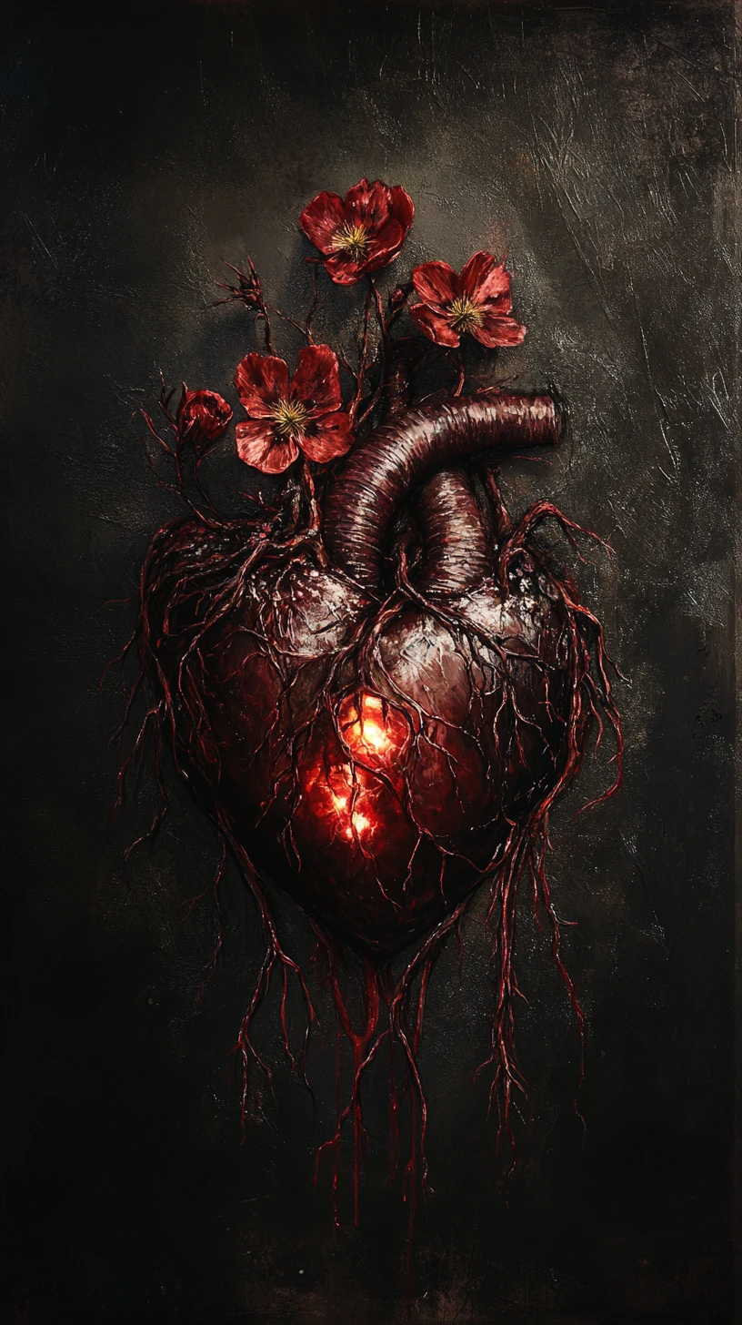 Surreal anatomical heart entwined with dark crimson botanical forms