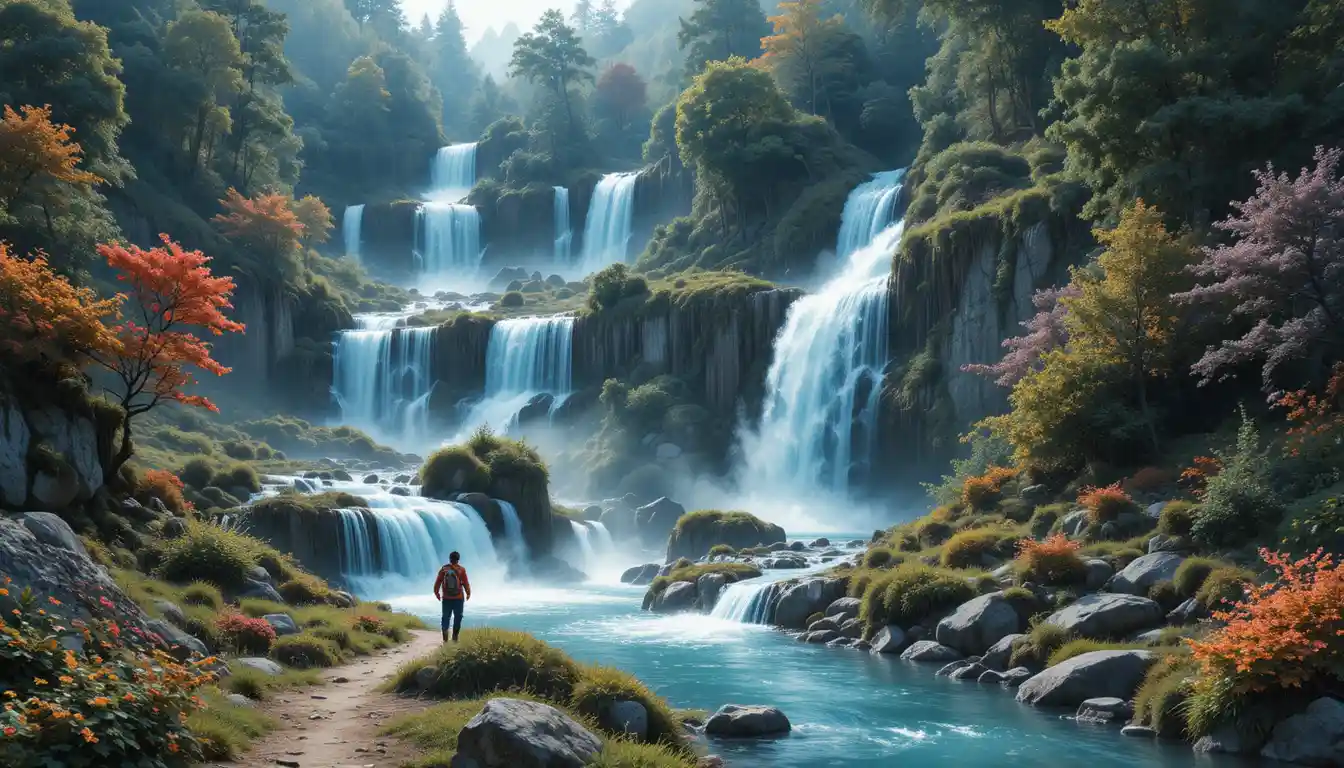 Neon-Fantasy-Wasserfälle in einer üppigen Waldlandschaft