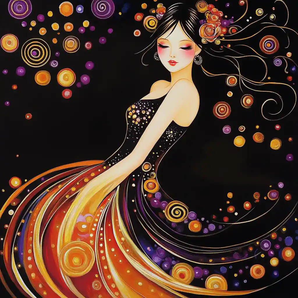 Elegant anime dancer inspired by Klimt in modern fashion