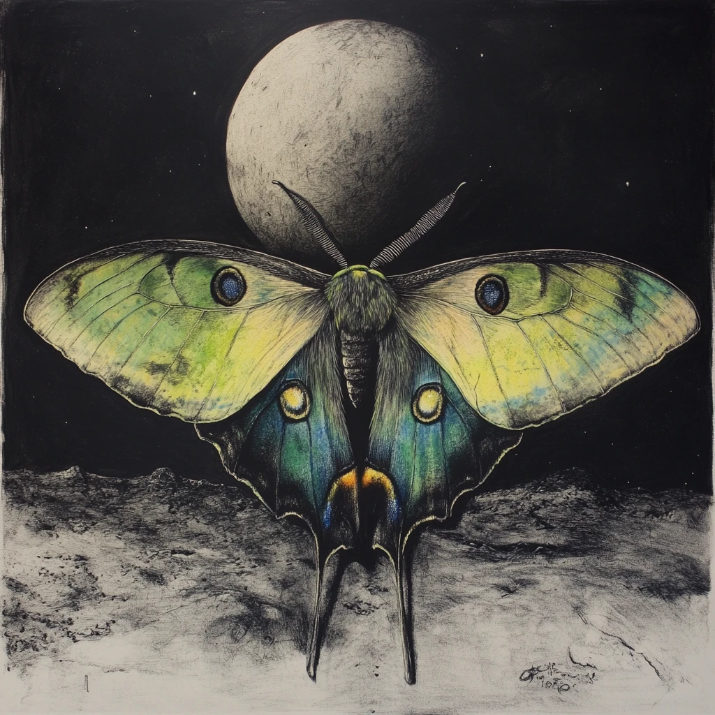 Mariposa-lua surreal sobre uma paisagem lunar em tons de cinza