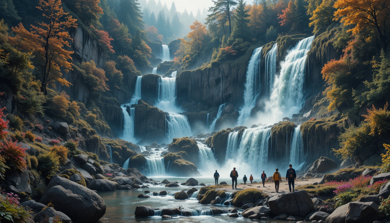 Cascate fantasy al neon che scorrono in una foresta rigogliosa