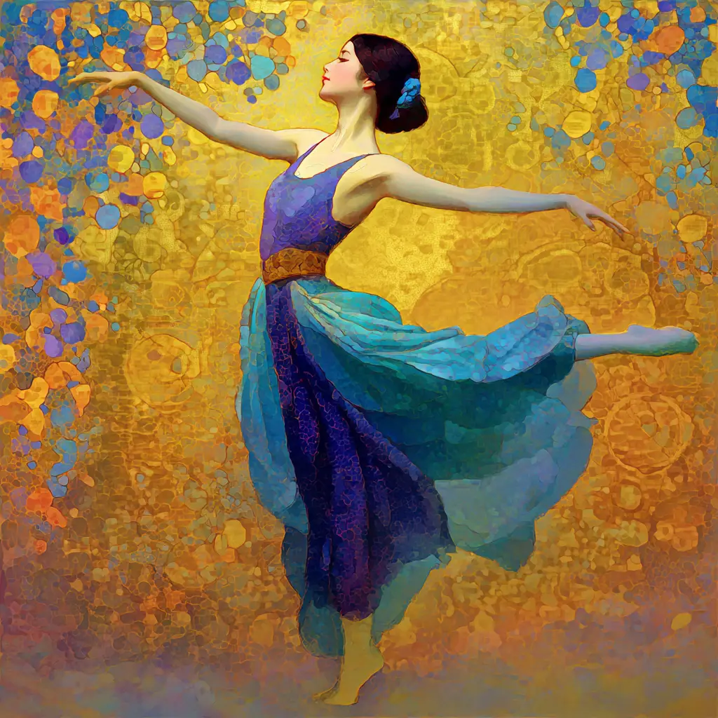 Elegant anime dancer in a stylized Klimt inspired painting