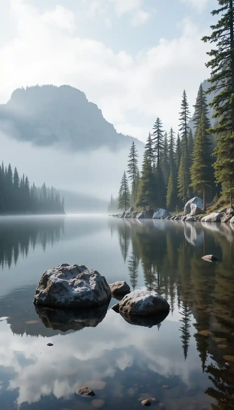 Lac de montagne brumeux avec rochers déchiquetés et grands pins