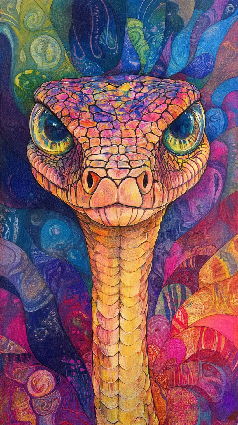 Psychedelic Snake With Hypnotic Eyes In Abstract Color Swirls