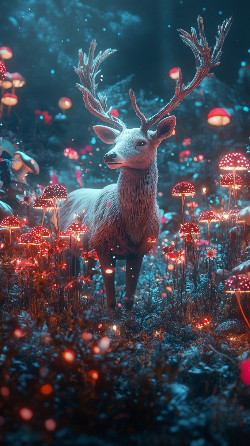 Cervo em Mundo Fantástico Dividido de Flores e Cogumelos Luminosos