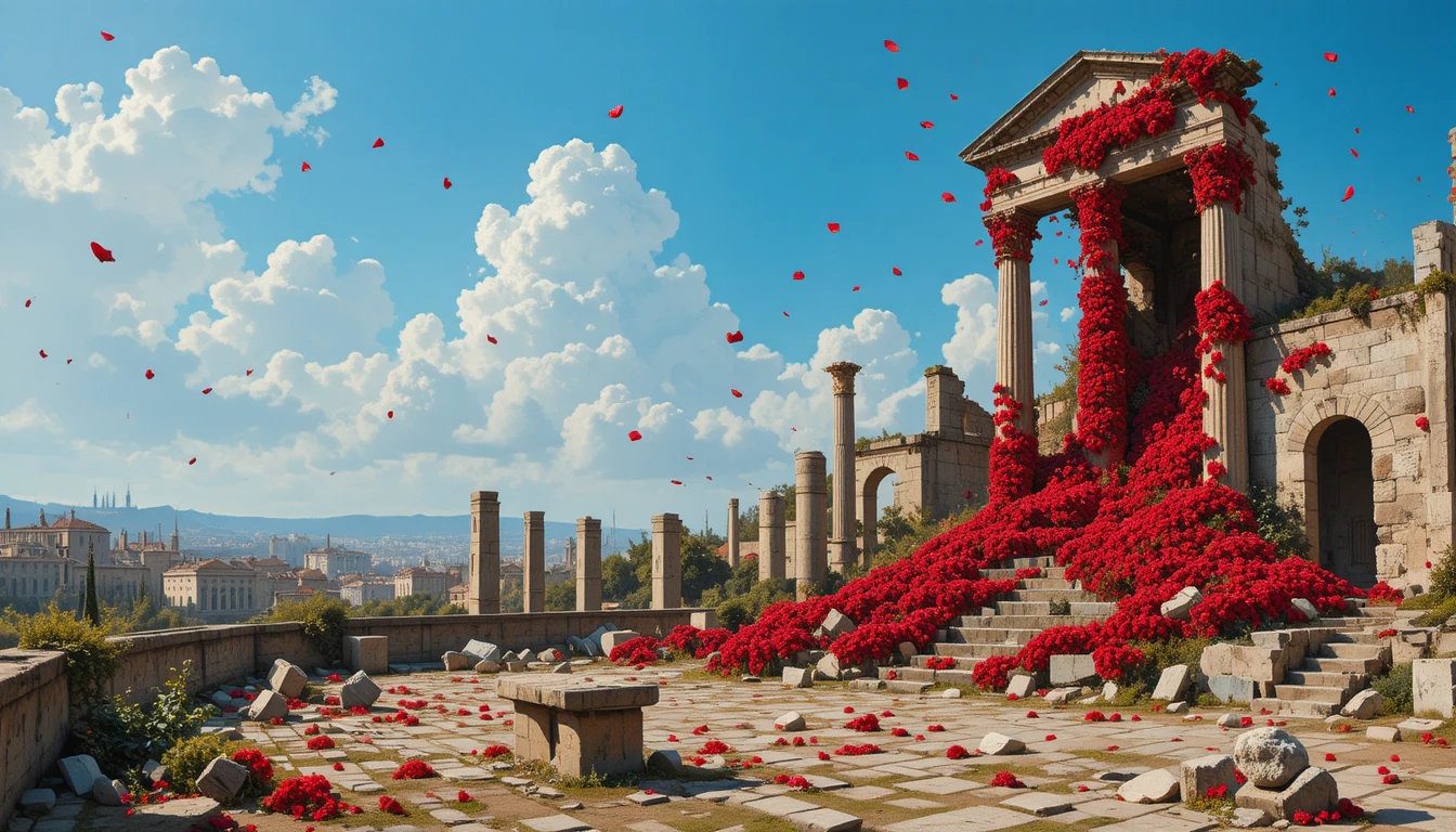 Antiche rovine romane con edificio in pietra fatiscente e detriti