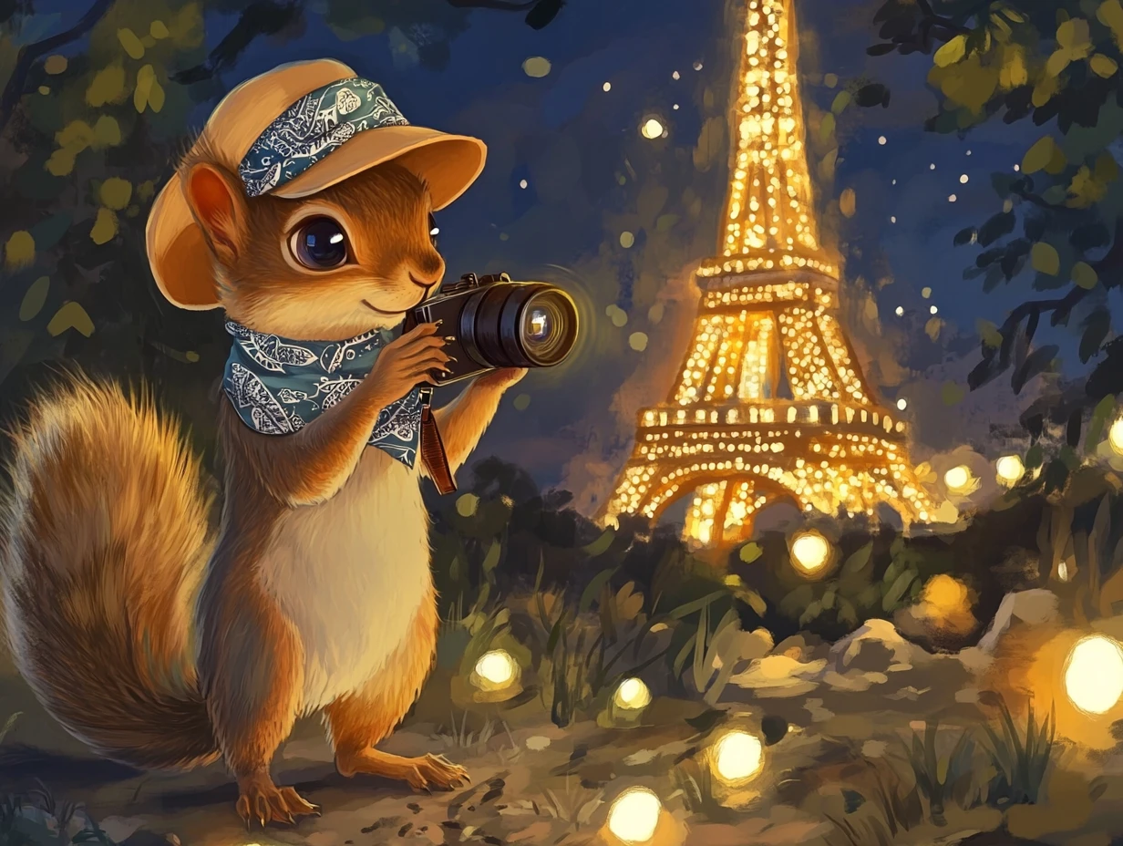 Fofinho esquilo fotógrafo em Paris à noite ao lado da torre