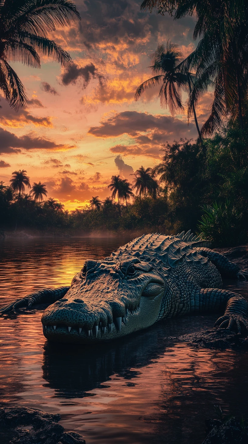 Coccodrillo che Riposa sul Fiume della Giungla al Crepuscolo