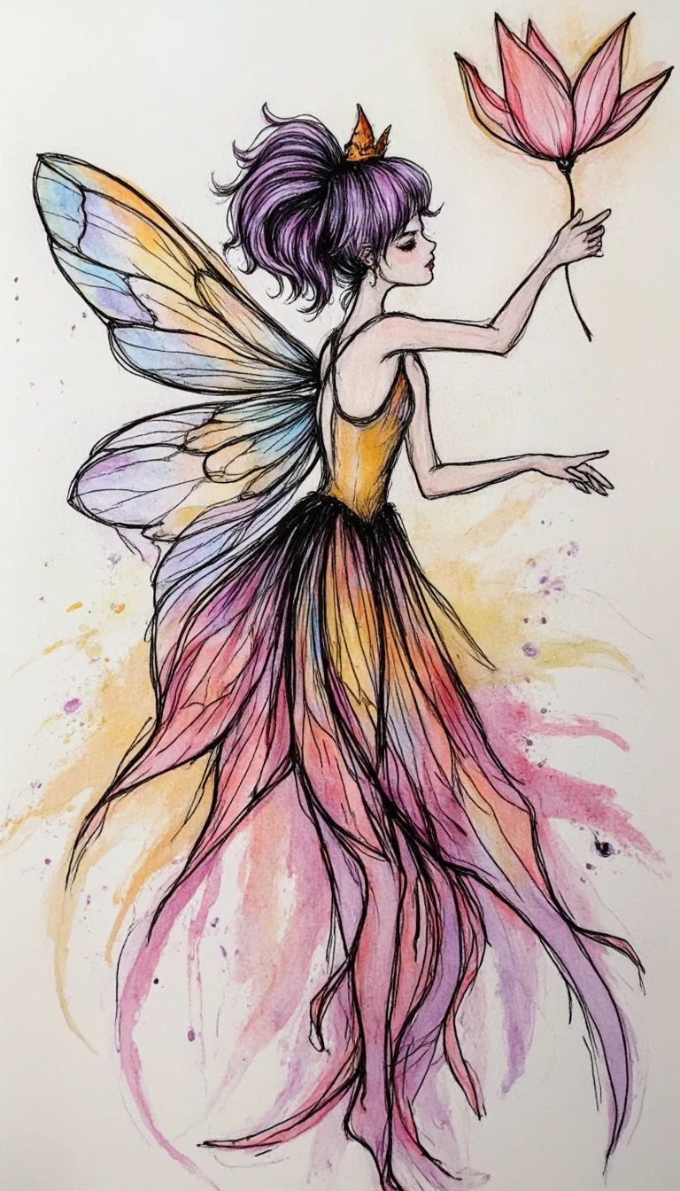 Mixed media fairy in soft colors with flowing abstract forms