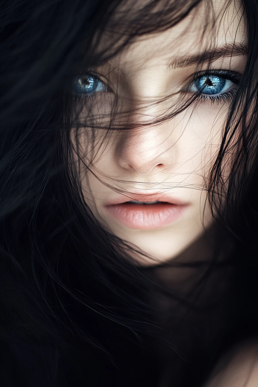 Beauté aux yeux bleus et cheveux ébène dans les ombres de la nuit