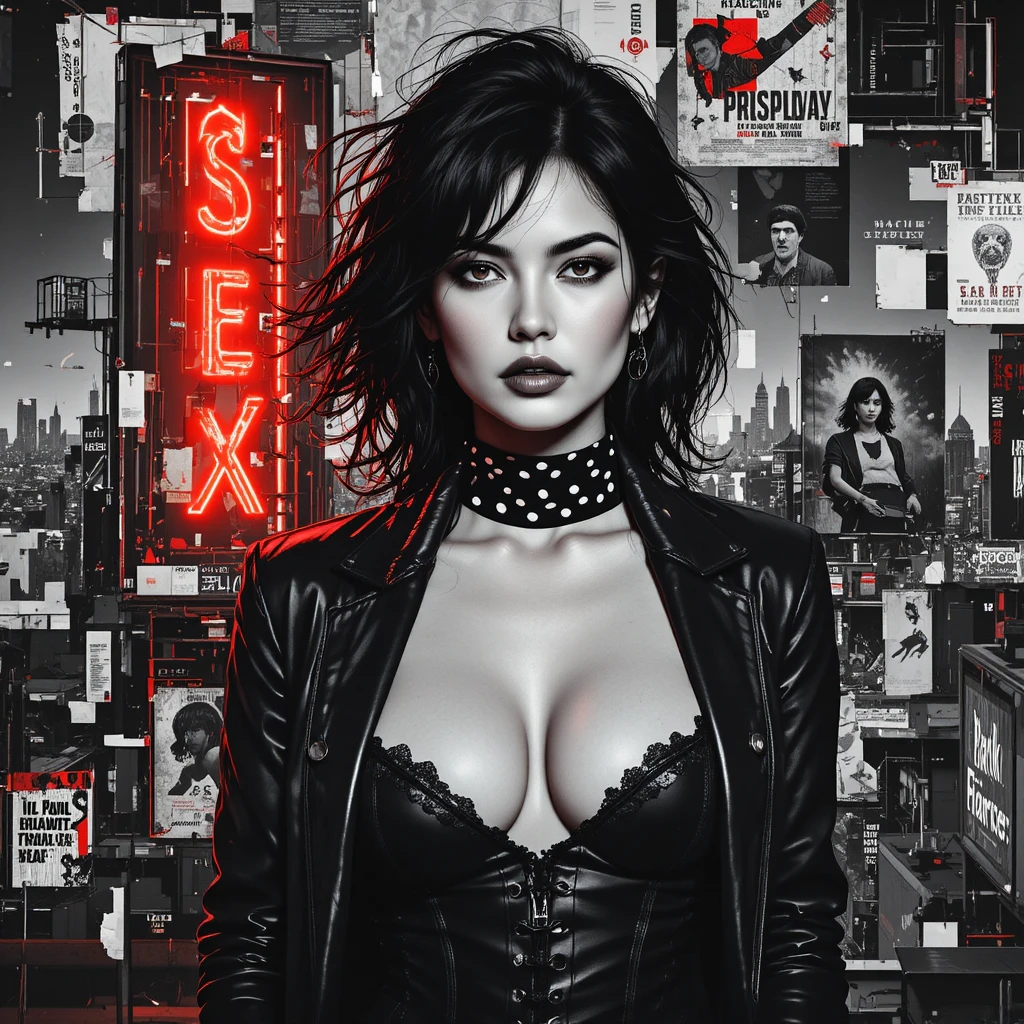 Gros plan cyber-noir dystopique sur un panneau publicitaire femme fatale