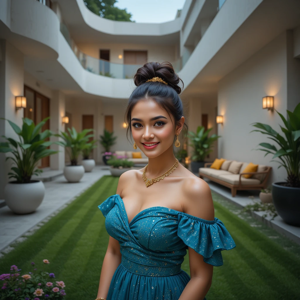 Retrato alegre de uma jovem indiana em um vestido azul