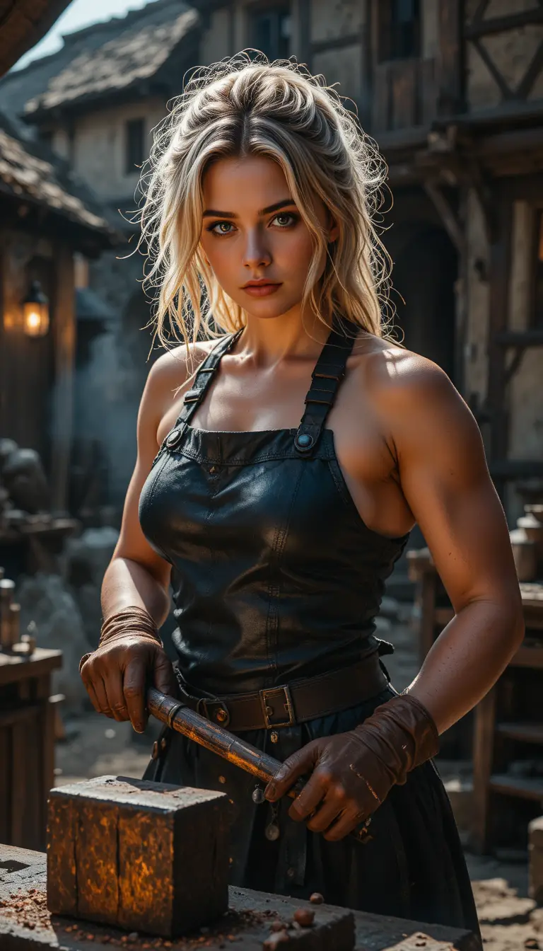 Strong blonde female blacksmith at a glowing forge