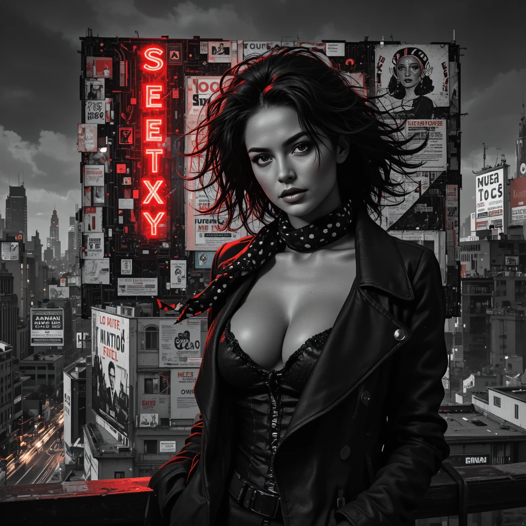 Portrait noir d’une femme fatale sur panneau au‑dessus de la ville