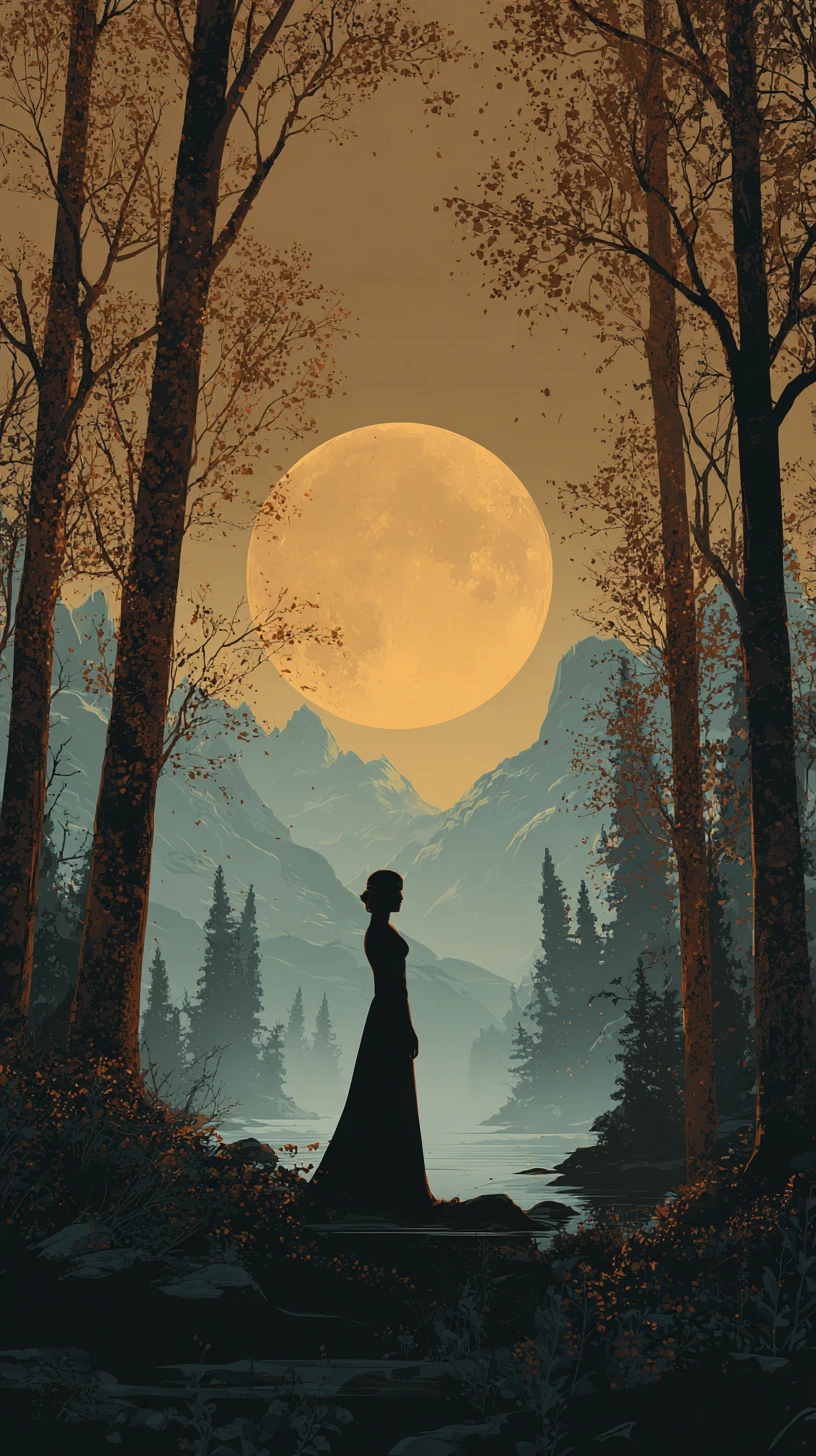 Mulher à beira de uma floresta ao luar