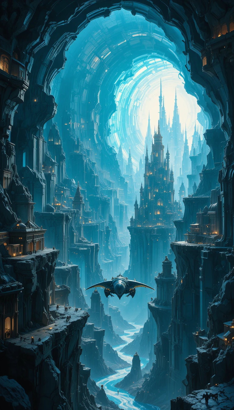 Kristall-Geoden-Stadtlandschaft mit Mantarochen-Flugfahrzeugen
