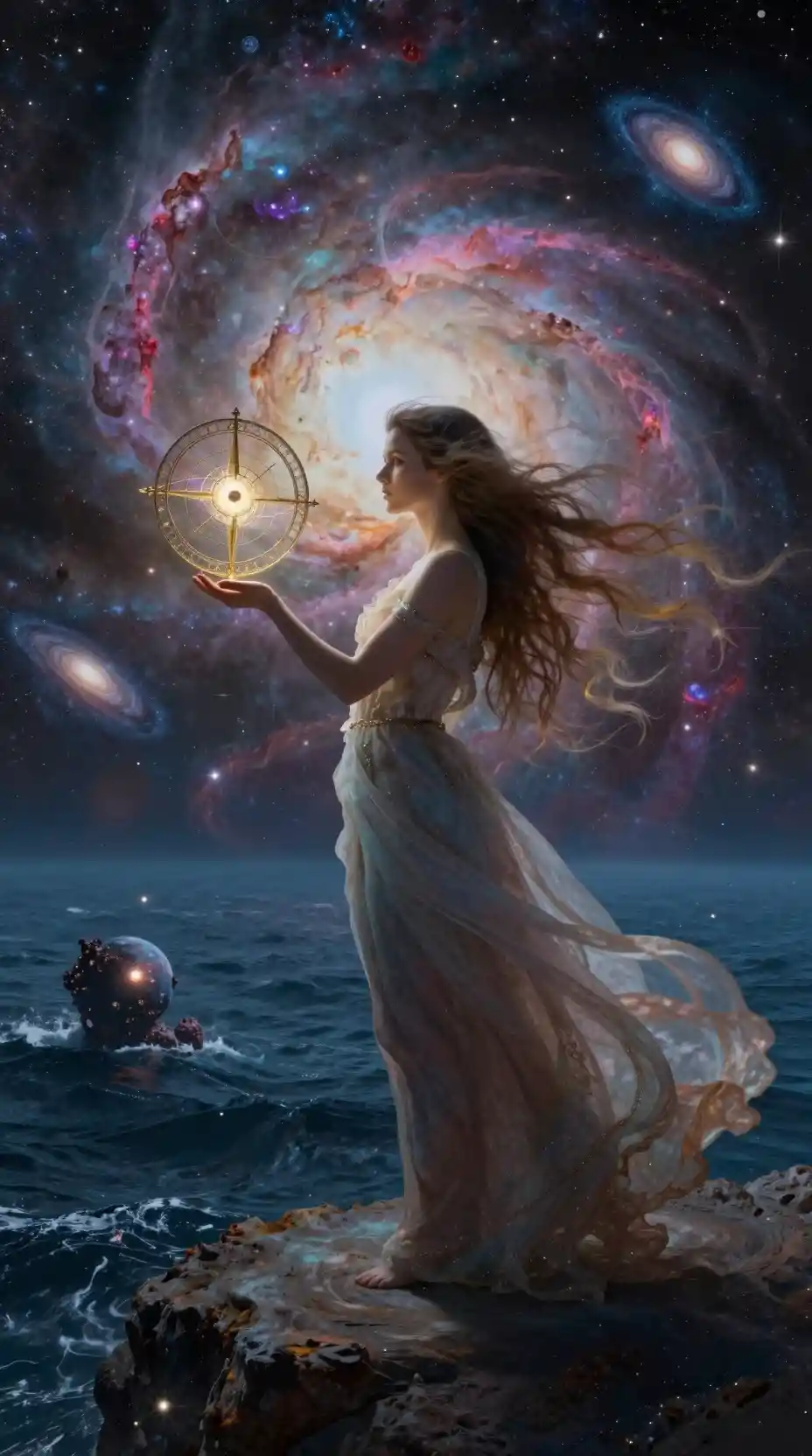 Ethereal woman with astrolabe beside a swirling cosmic sea