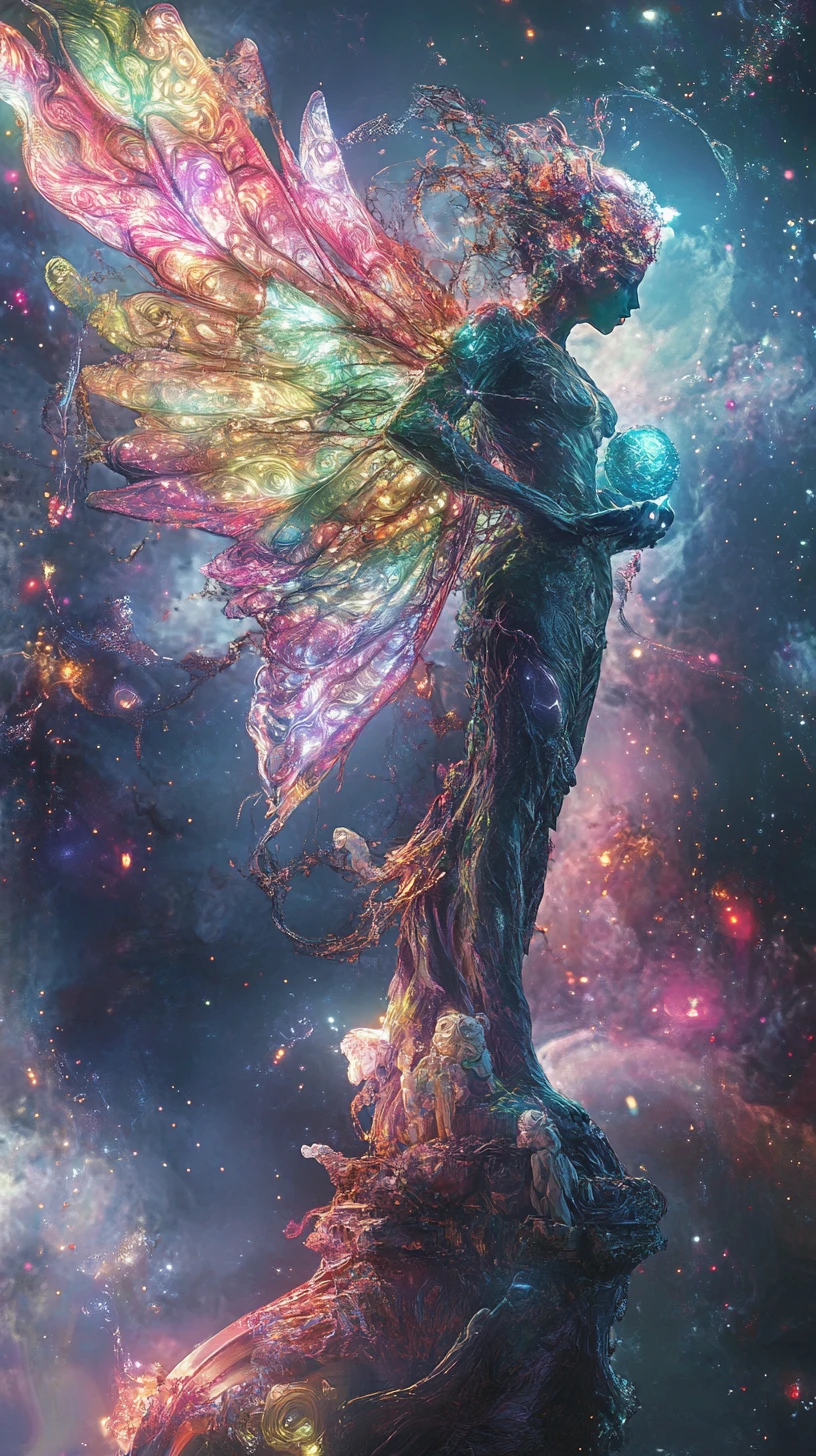Small enigmatic statue surrounded by abstract swirling mass