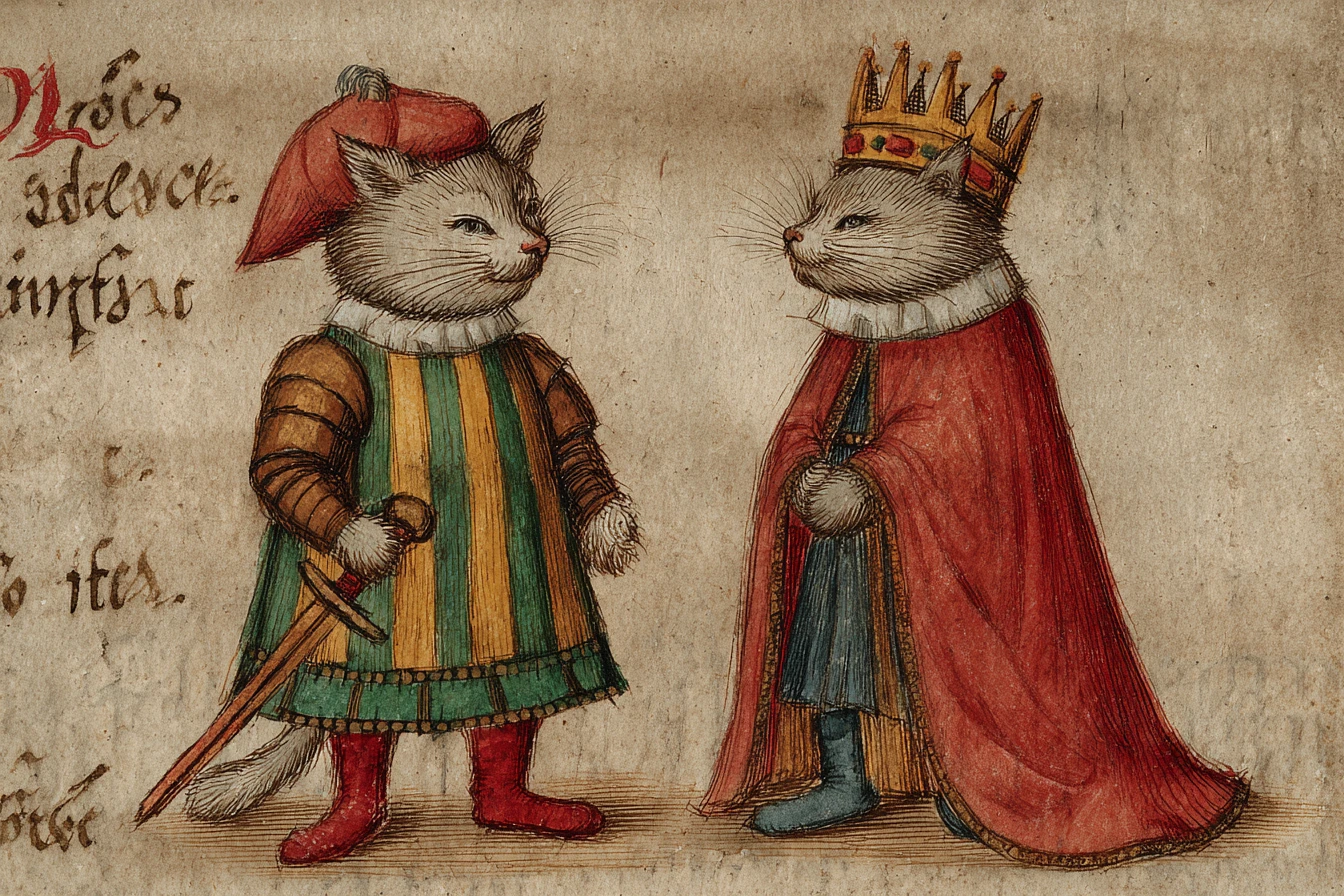 Duas gatas majestosas em ilustração no estilo de manuscrito medieval