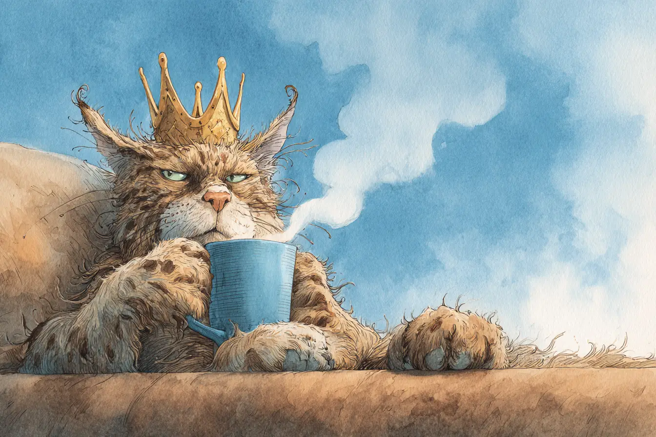 Schläfrige gekrönte Katze mit Kaffee am Morgenhimmel
