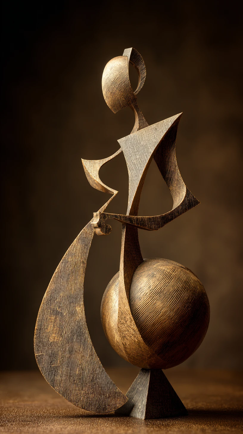 Abstract statue surrounded by forms of myth and geometry