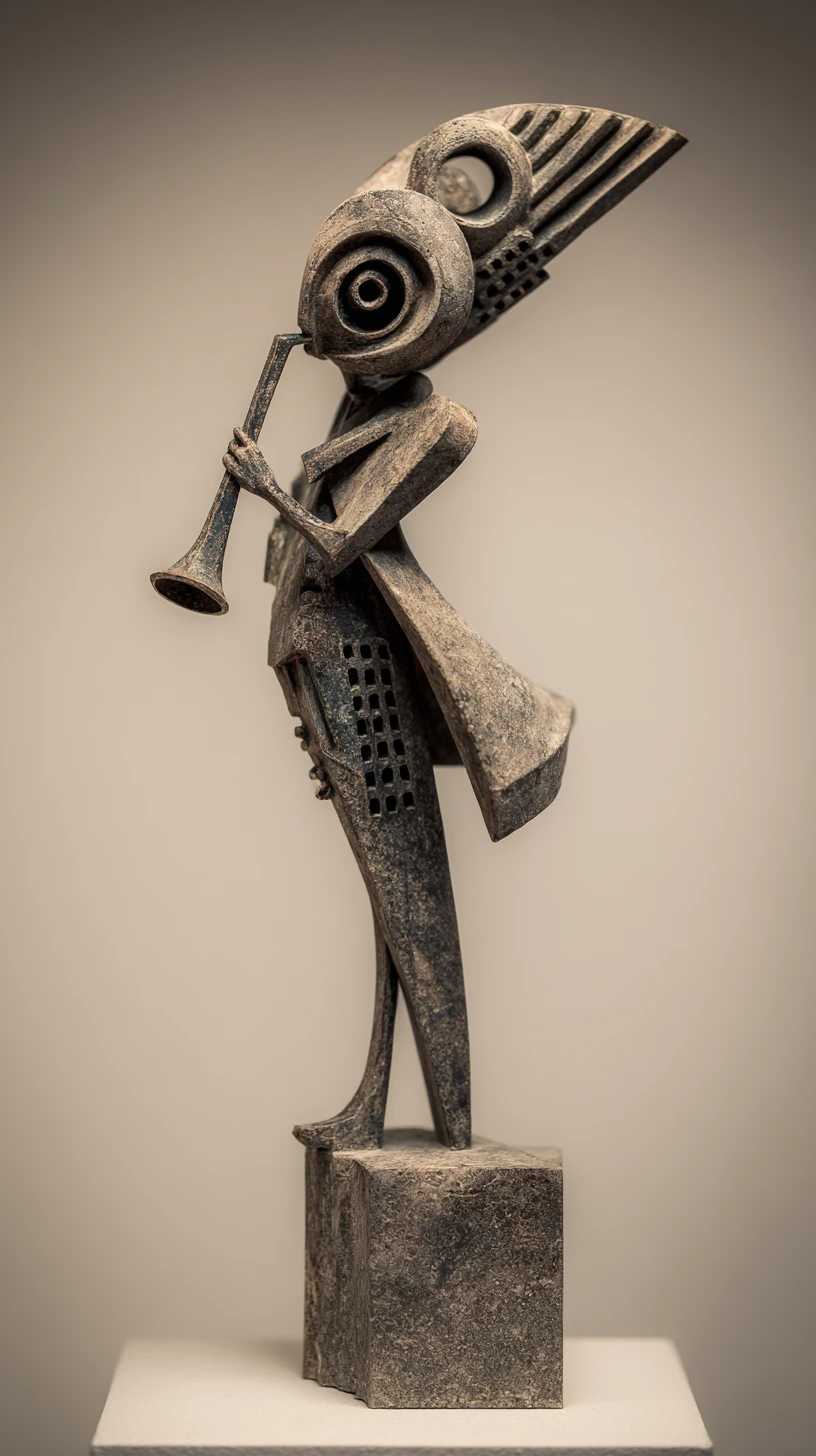 Small enigmatic statue surrounded by an abstract mass