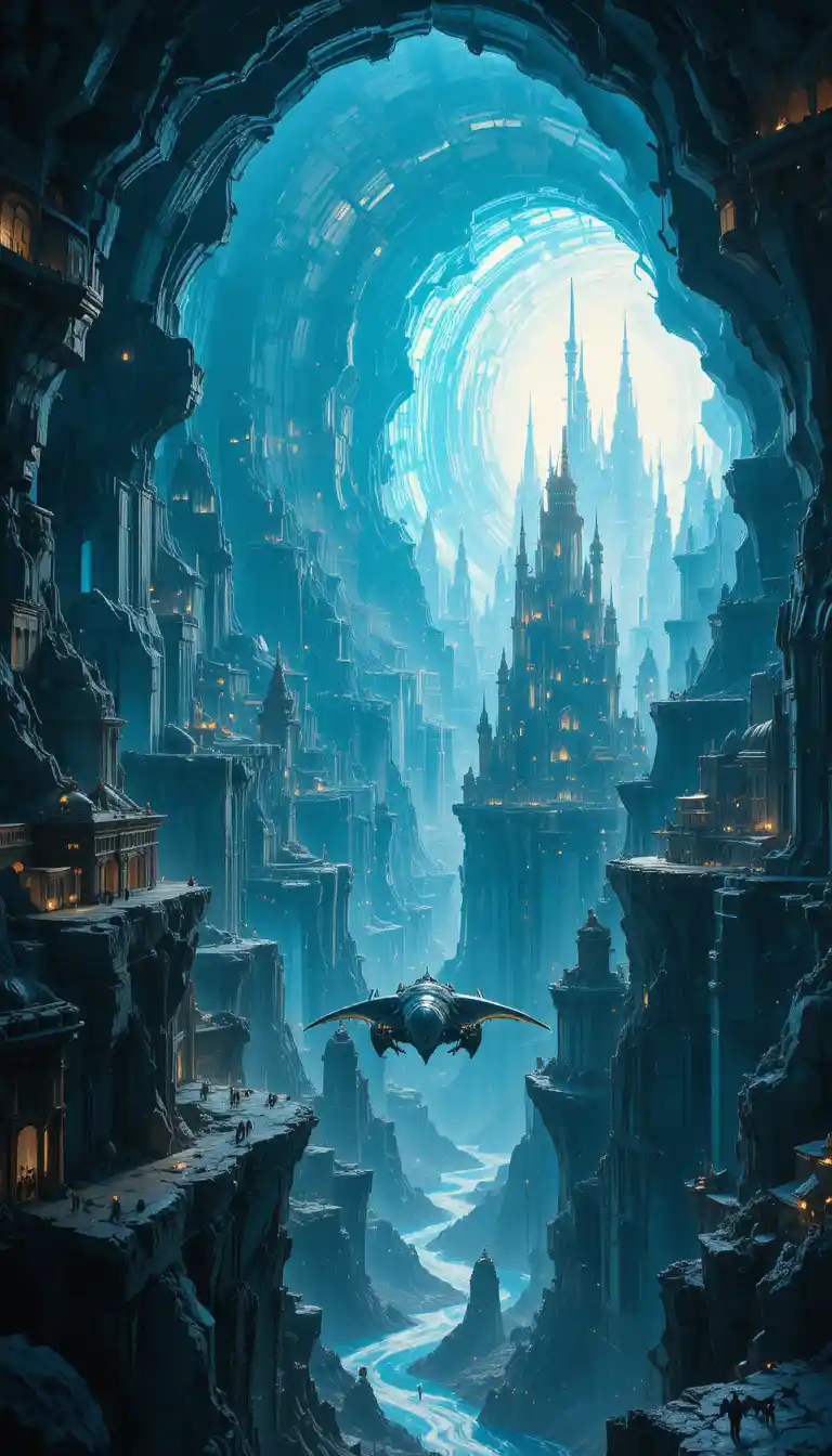 Paysage urbain de géode de cristal avec véhicules volants en forme de raie manta