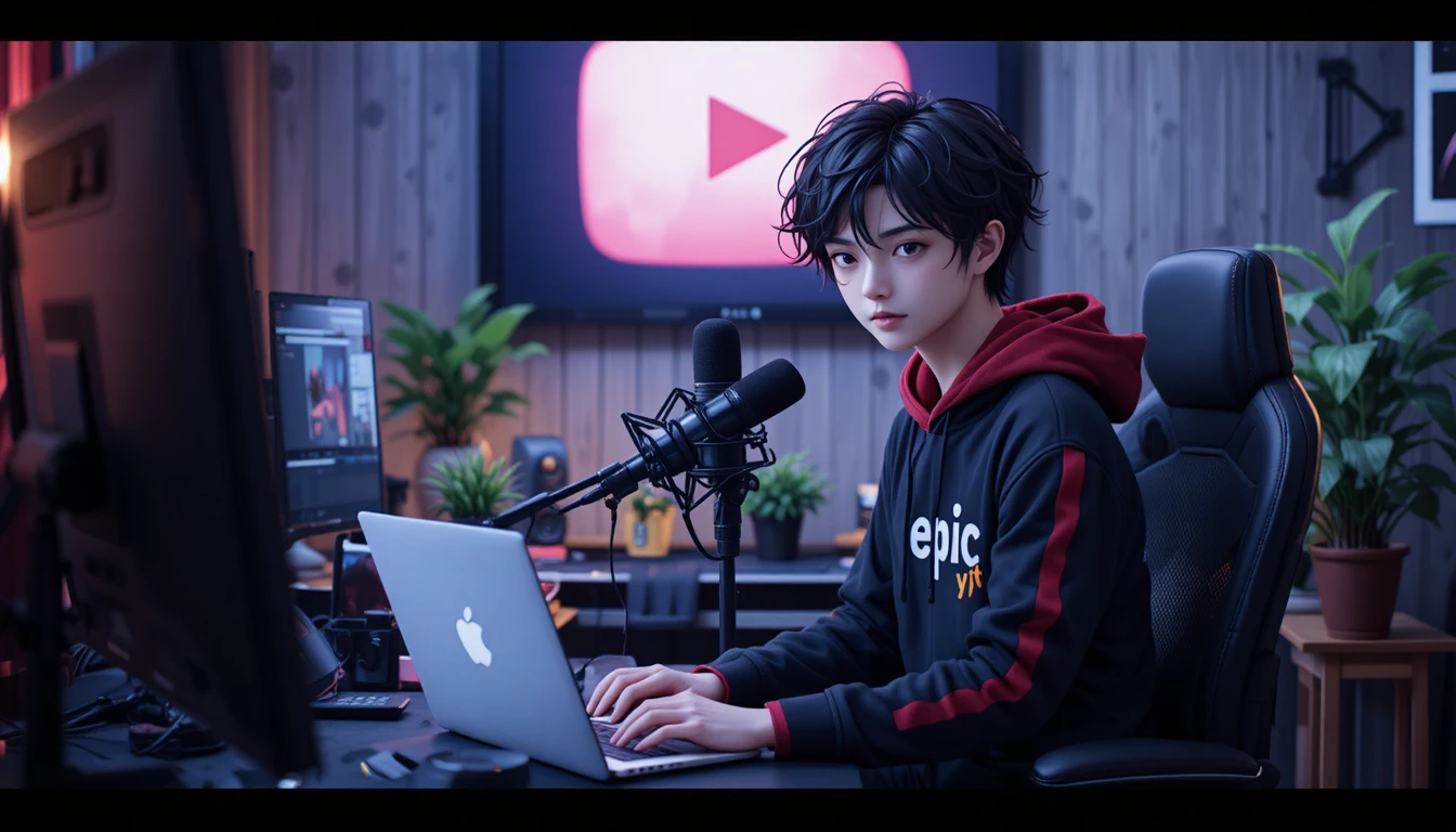 Anime boy streaming at a desk with laptop and microphone