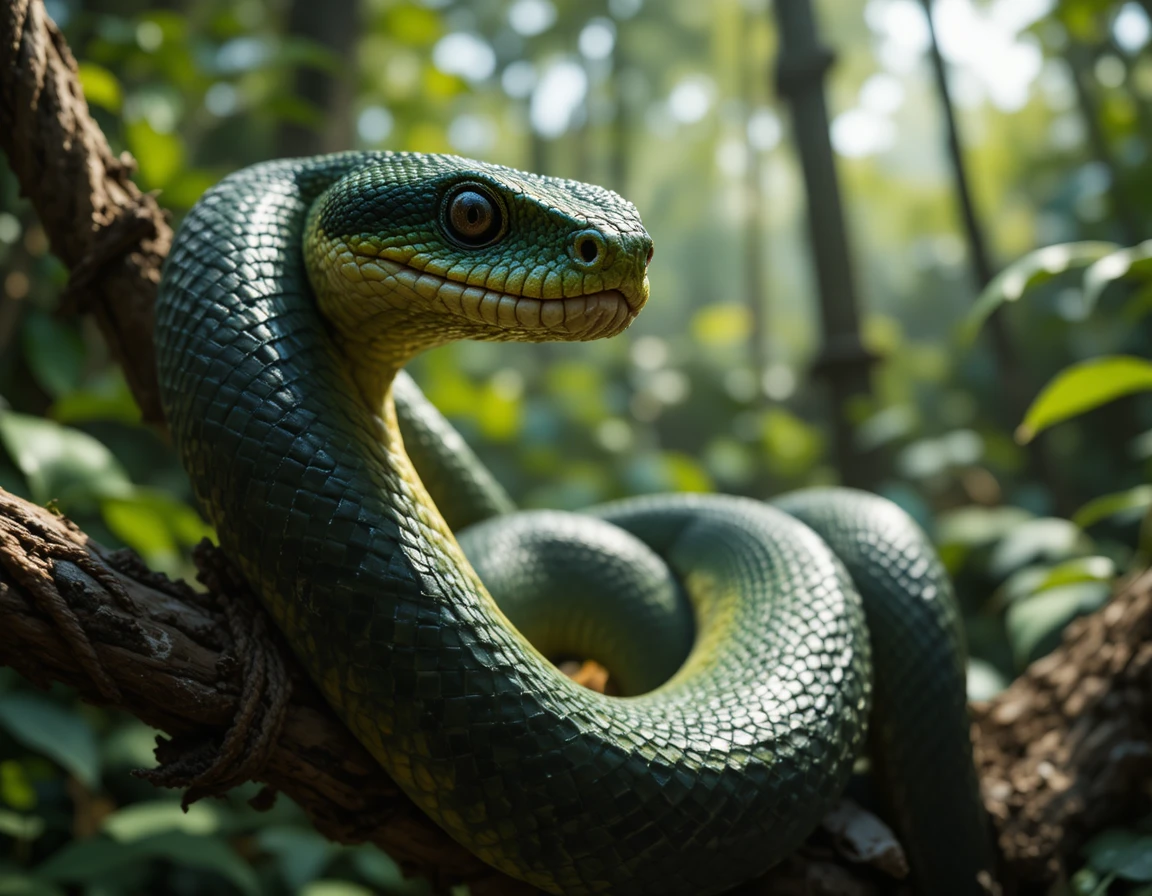 Boa constrictor arrotolato su un ramo della giungla nella luce screziata